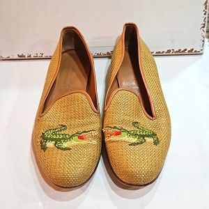 Stubbs & Wootton Tan Loafers with Green Embroidery